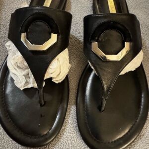 Black Leather Sandals with Silver Accent
